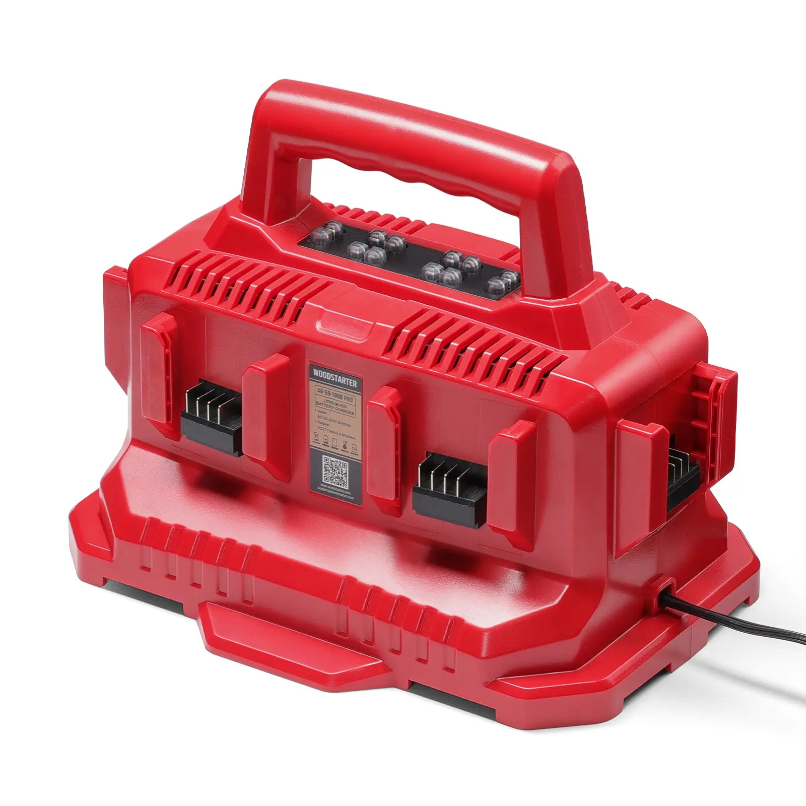 Red power tool battery charger on a white background